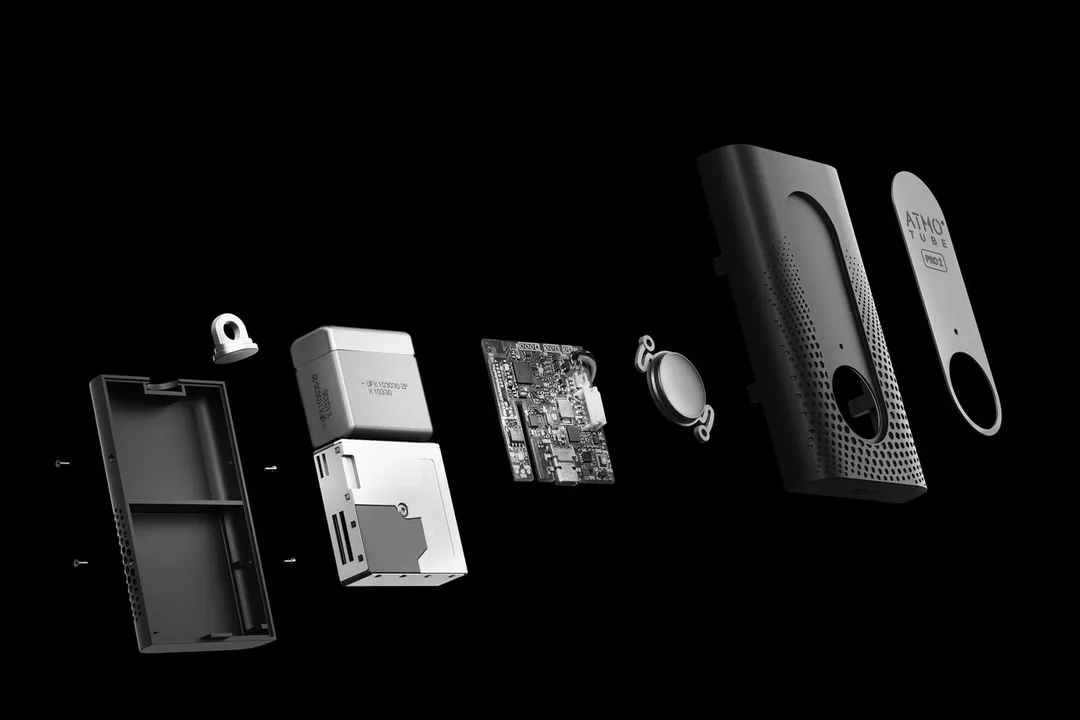 Exploded view of the Atmotube PRO 2 showing its internal sensors
