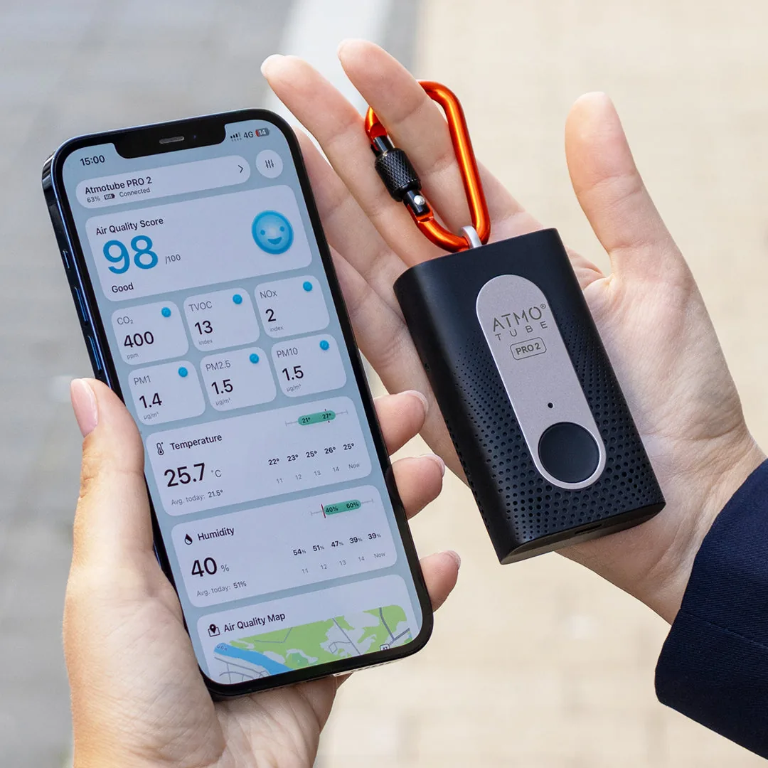 Atmotube PRO 2 and its app showing a live Air Quality Score